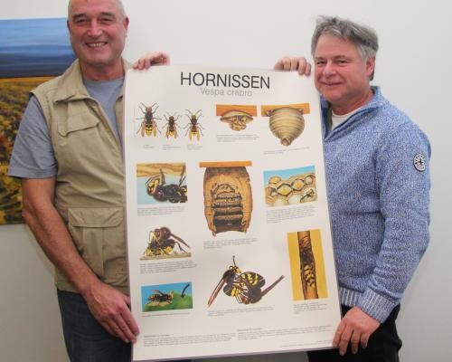 Die Hornissenbeauftragten Bernhard Unser und Harry Braunwart halten gemeinsam ein Informationsplakat zur Hornisse in die Kamera. Auf dem Plakat sind Hornissen in verschiedenen Größen, deren Nester und andere Informationen rund um das Insekt abgebildet.