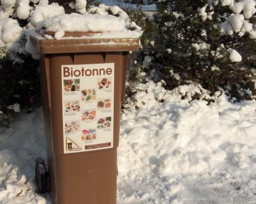 Auf dem Foto ist eine braune Biotonne zu sehen. Sie steht mitten im Schnee und ist teilweise auch zugeschneit.