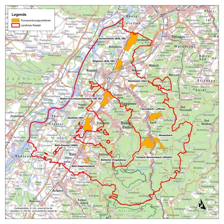 Das Foto zeigt einen Kartenausschnitt mit einem Flurneuordnungsverfahren im Landkreis Rastatt