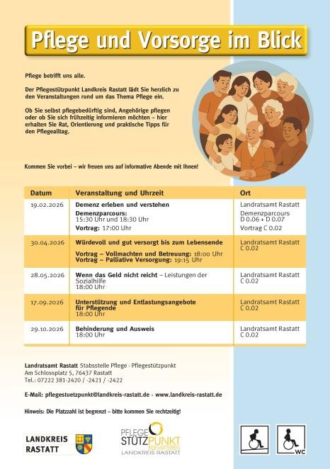 Veranstaltungsplakat 2026 Das Foto zeigt ein Plakat mit den aufgelisteten Veranstaltungen 2026 des Pflegestützpunktes im Landkreis Rastatt