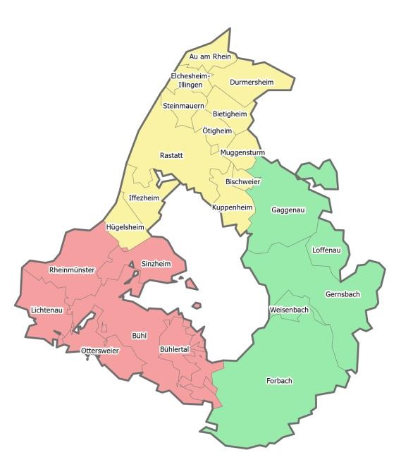 Übersicht der Zuständigkeitsbereiche der Standorte Rastatt (gelb), Bühl (rot) und Gaggenau (grün). Das Foto zeigt dieÜbersicht der Zuständigkeitsbereiche der Standorte Rastatt (gelb), Bühl (rot) und Gaggenau (grün).