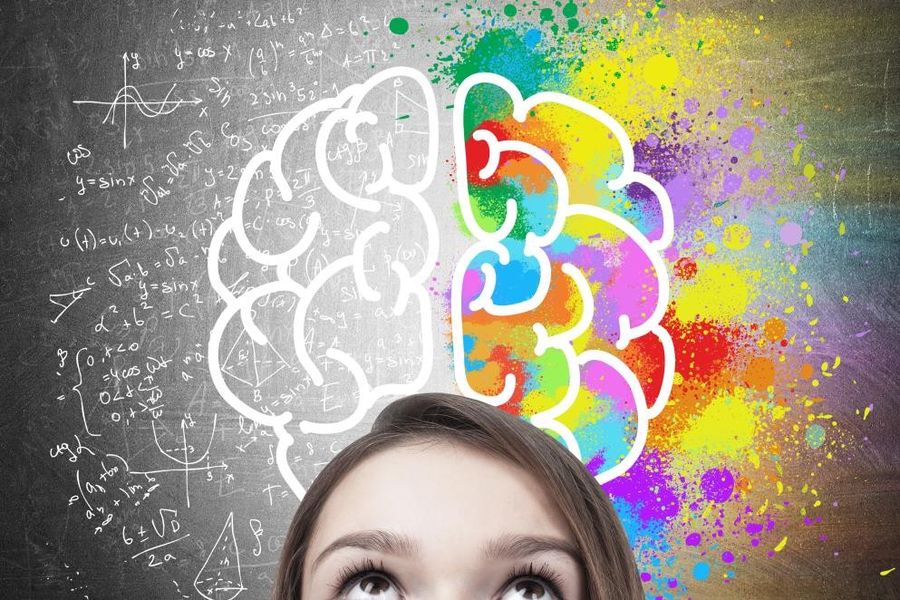 Wissen, Infos und nützliche Links; Foto: ImageFlow_Adobe Stock Das Foto zeigt einen Frauenkopf ab Augenparty und Haare, darüber ist ein Gehirn gezeichnet, das links schwarz-weiß und rechts mit bunten Farben hinterlegt ist. Foto: ImageFlow_Adobe Stock