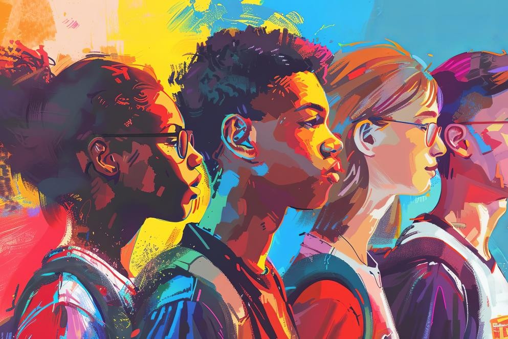 Jugendliche und junge Erwachsene Das Foto zeigt vier Personen, die in bunter Farbe gemalt wurden.