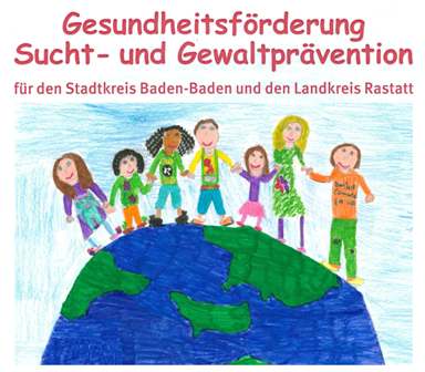 Das Foto zeigt das Logo der Gesundheitsförderung Sucht- und Gewaltprävention für den Stadtkreis Baden-Baden und den Landkreis Rastatt, zu sehen sind gemalte Kinder auf einer halben Weltkugel.