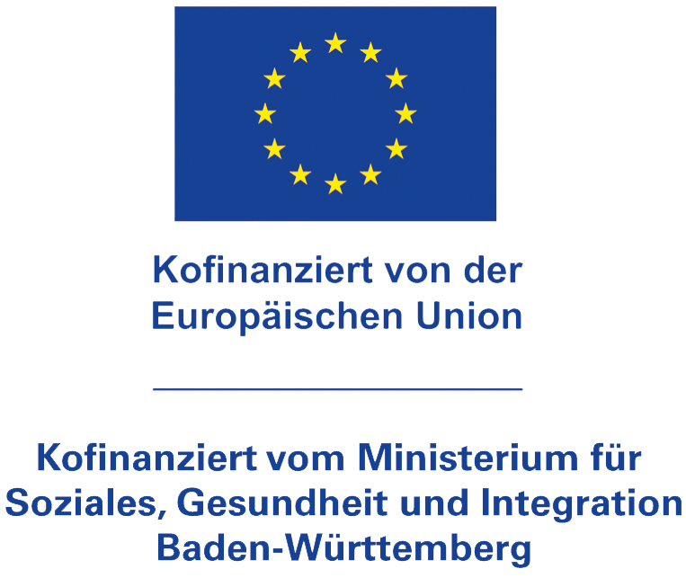 Logo ESF Kofinanzierung Das Foto zeigt die Europa-Flagge mit der Textbeschreibung "Kofinanziert von der EU und vom Ministerium für Soziales, Gesundheit und Integration BW"