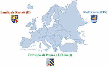 Das Foto zeigt eine Europakarte mit den hervorgehobenen Partnern des Landkreises Rastatt.