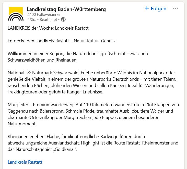 Social-Media-Beitrag des Landkreistags Baden-Württemberg. Quelle: Landkreistag BW