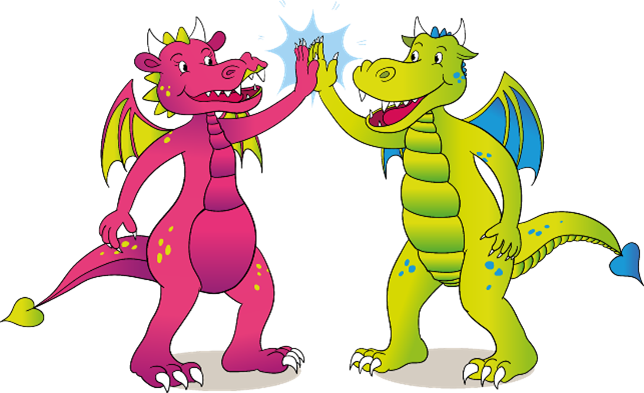 Drachen Das Foto zeigt auf der linken Seite einen pinken Drachen und auf der rechten Seite einen grünen Drachen.